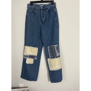 PacSun Baggy Jeans Women Size 27 Blue Denim Bandana Patchwork Wide Leg